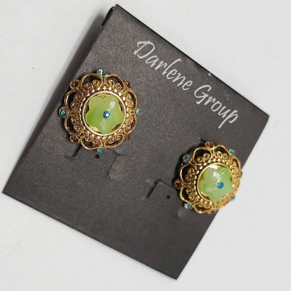 Vintage Darlene Group Earrings Gold Tone Green Flower Bead Rhinestones